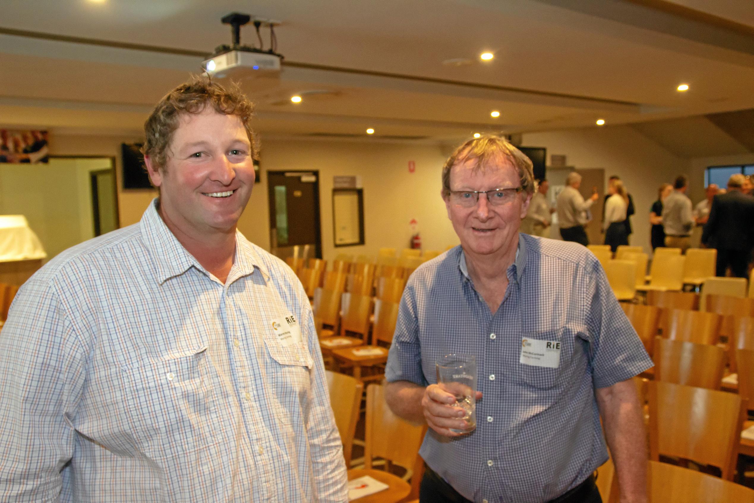 Warren Myring and John McCormack at TSBE's October Enterprise Evening at the Dalby League's Club on October 11, 2018. Picture: Dominic Elsome