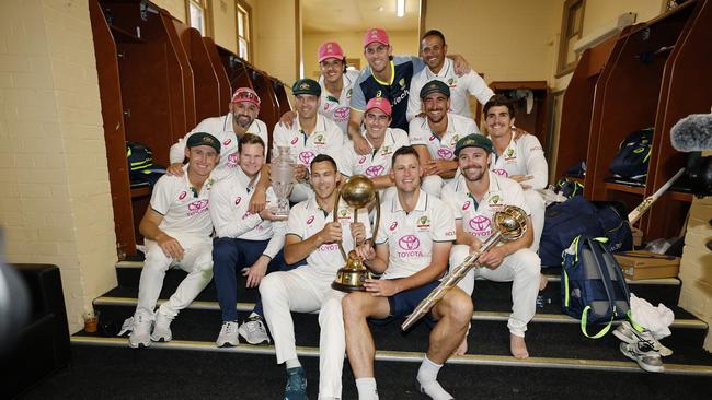 The triumphant Australian team in the SCG dressing room after Sunday’s conclusion of the series. Picture: Getty Images