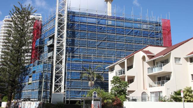 Work has been delayed on the Shoreline tower at Surfers Paradise since PBS Building went into administration in early March. Picture: Glenn Hampson