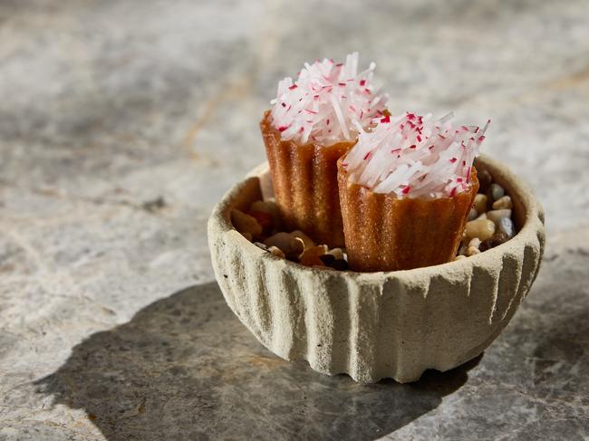 Kingfish croustade, sesame emulsion, radish and apple. Picture: Duy Dash