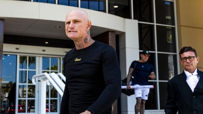 Mongols national president Nick 'The Knife' Forbes walking with his defence barrister Michael Gatenby outside the Supreme Court of the Northern Territory. Picture: Floss Adams