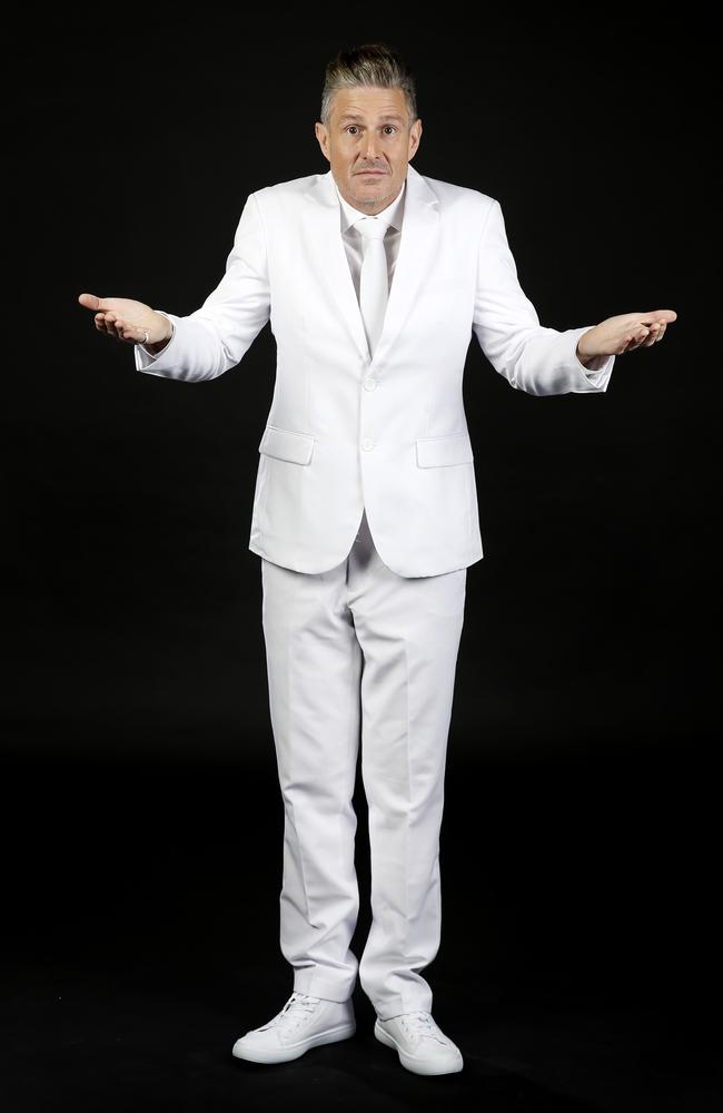 Comedian Wil Anderson has swapped his iconic black attire for a white suit at this year’s Melbourne comedy festival show. Picture: David Caird