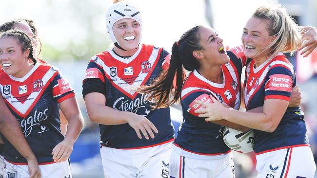 BRISBANE, AUSTRALIA - APRIL 10: Roosters celebrate a Olivia Higgins try during the NRLW Grand Final match between the St George Illawarra Dragons and the Sydney Roosters at Moreton Daily Stadium, on April 10, 2022, in Brisbane, Australia. (Photo by Albert Perez/Getty Images)