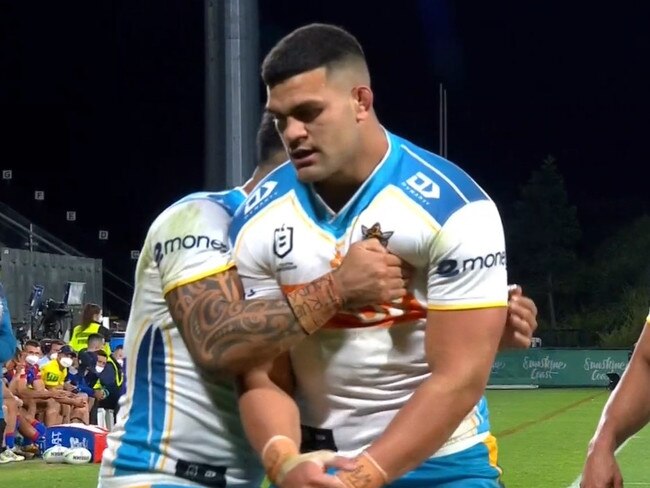 David Fifita celebrates his try against the Knights. Photo: Fox League