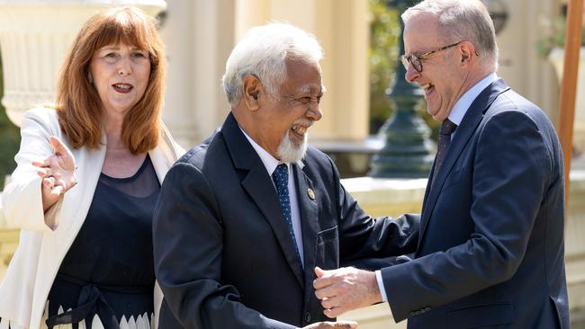 Prime Minister Anthony Albanese and Governor of Victoria Margaret Gardner greet East Timor’s Prime Minister Xanana Gusmao. Picture: AFP