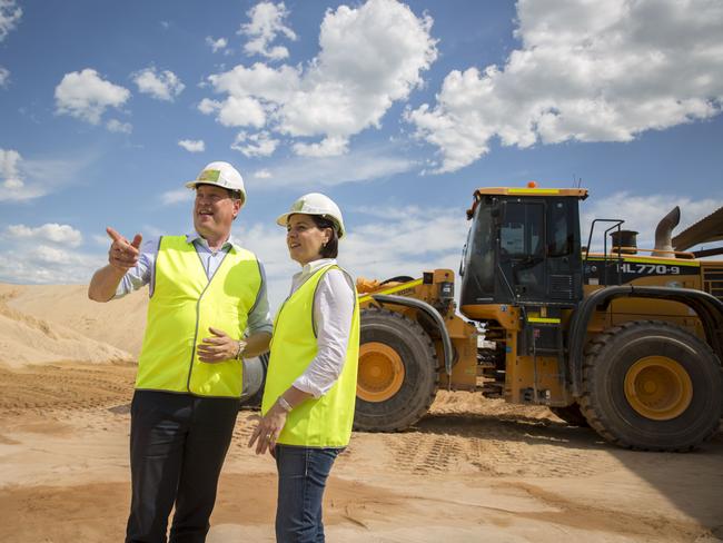 Opposition Leader Tim Nicholls with his deputy Deb Frecklington at the Rock Trade Industries quarry at Helidon today. Picture: Glenn Hunt/AAP