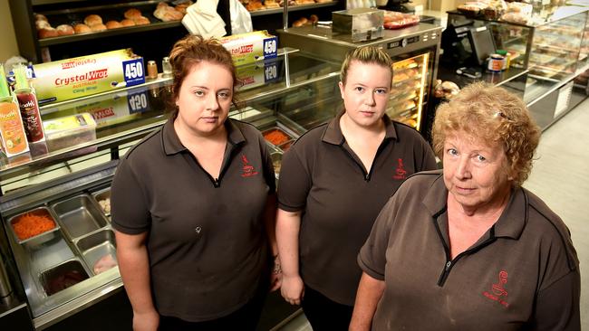 Heyfield Bakery staff Laura Henderson, Sam Boyce and owner Sue Stephens. Picture: Andrew Batsch