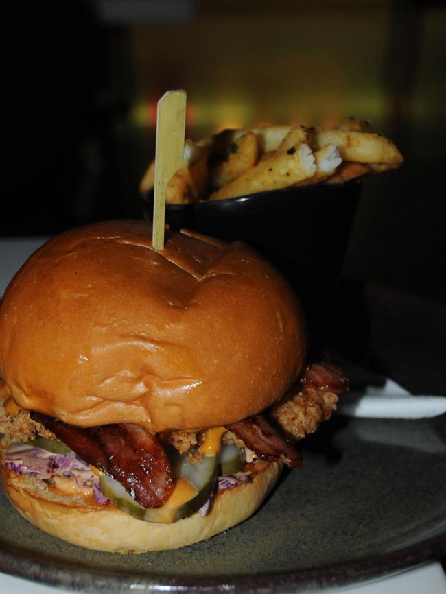 Bella Chicken Burger with bacon and fries ($27) from the Bella Vista Hotel.