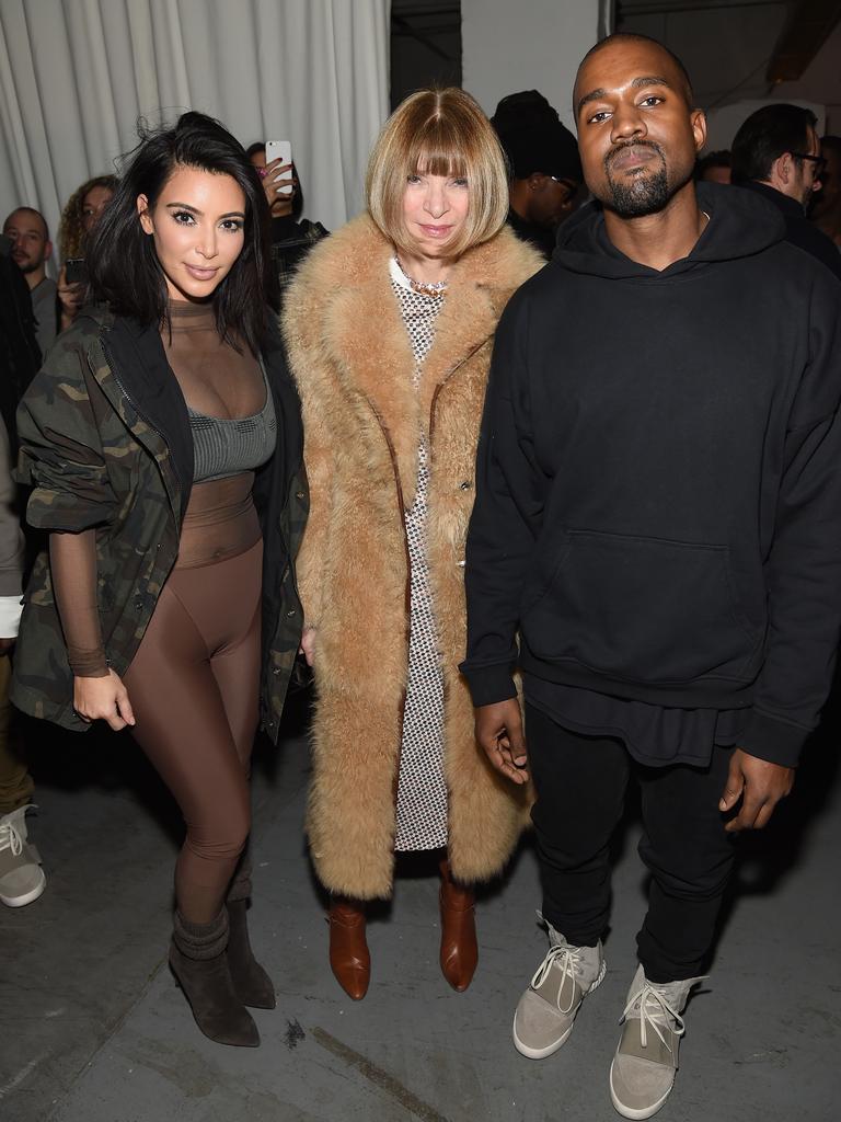 Kim Kardashian, Anna Wintour, and Kanye West pose backstage at the Adidas Originals x Kanye West YEEZY SEASON 1 fashion show during New York Fashion Week. Picture: Getty