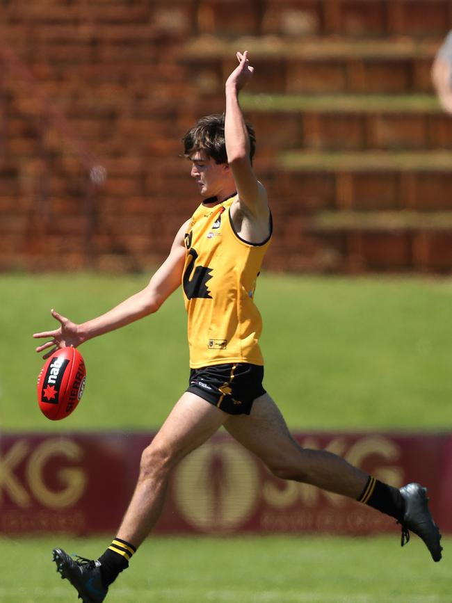 Logan McDonald kicking for goal. Picture: Getty Images