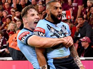 BRISBANE, AUSTRALIA - JUNE 27: Josh Addo-Carr of the Blues celebrates with team mate Cameron Murray after scoring a try during game two of the 2021 State of Origin series between the Queensland Maroons and the New South Wales Blues at Suncorp Stadium on June 27, 2021 in Brisbane, Australia. (Photo by Bradley Kanaris/Getty Images)