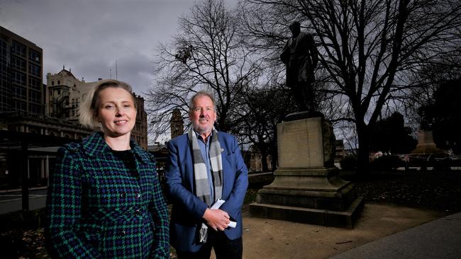 Louise Elliot and Jeff Briscoe were advocating the William Crowther statue remain where it was. Picture: Kenji Sato