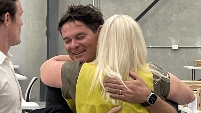 Gold Coast City Council candidate Nick Marshall hugs outgoing councillor Pauline Young as the final votes are counted on Monday, April 1, 2024. Picture: Paul Weston