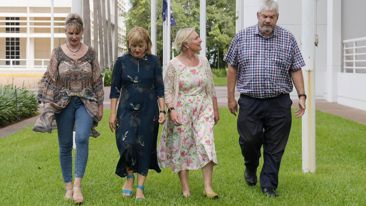 LR: Priscilla Atkins, Deborah Di Natale, Annemarie Lumsden and John Paterson at a media conference outside NT parliament after Labor announce its intention to raise the age of criminal responsibility. Picture: (A)manda Parkinson