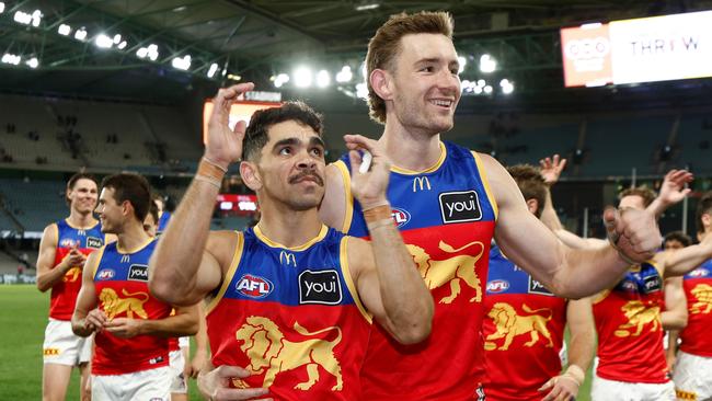 MELBOURNE, AUSTRALIA – AUGUST 18: Charlie Cameron (left) and Harris Andrews of the Lions celebrate during the 2023 AFL Round 23 match between the Collingwood Magpies and the Brisbane Lions at Marvel Stadium on August 18, 2023 in Melbourne, Australia. (Photo by Michael Willson/AFL Photos via Getty Images)