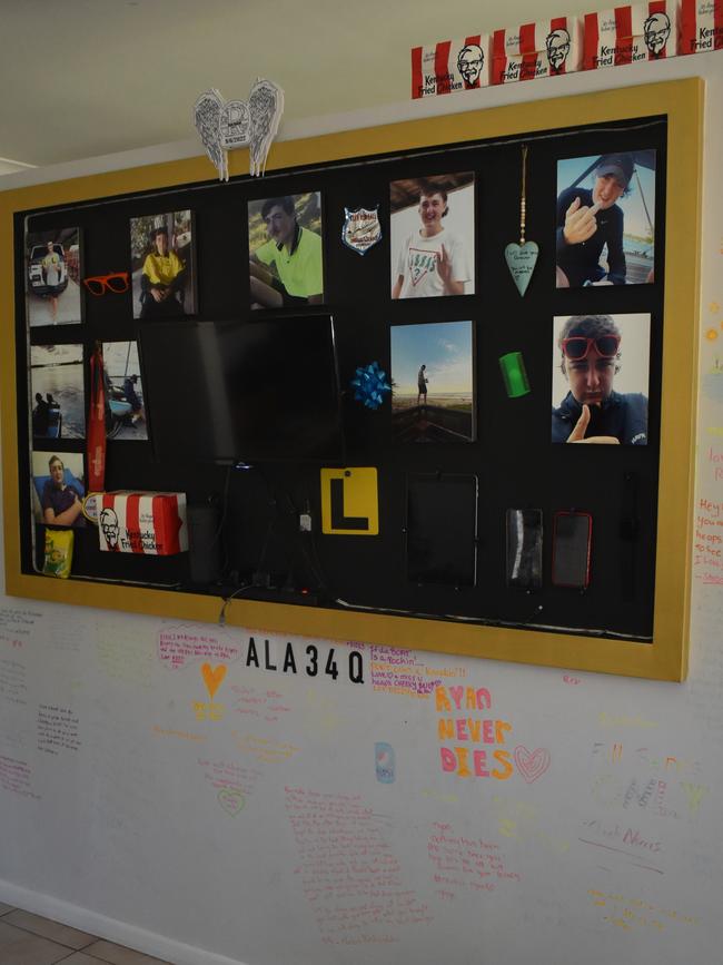 Graeme and Annette Kimball have kept a memorial wall in tribute to Ryan at their Buderim home.