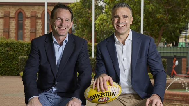 AFL chief executive Andrew Dillon and South Australian Premier Peter Malinauskas outside Norwood Oval. Picture: Matt Loxton