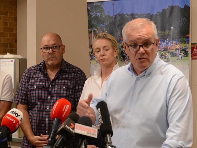 Lismore City Mayor Steve Krieg (left) and then-Prime Minister Scott Morrison (right) announcing financial support for flood affected parts of the Northern Rivers in March of 2022. Picture: Nicholas Rupolo