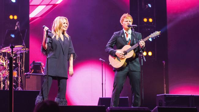 Kylie Minogue and Ed Sheeran play a tribute song to the late Michael Gudinski at his state memorial service in March 2021. Picture Mushroom Creative House