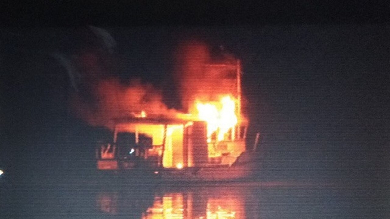 A boat on the Fitzroy River was allegedly set on fire on Friday night. Picture: WIN News