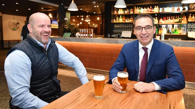 Mark Ricciuto and former Premier Steven Marshall at the Alma in 2020. Picture: AAP Image/David Mariuz