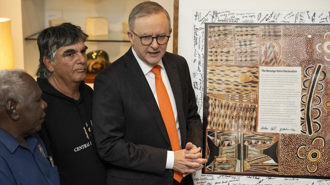 Anthony Albanese at the unveiling of the Barunga Voice Declaration at Parliament House in Canberra. Picture: NCA NewsWire / Martin Ollman