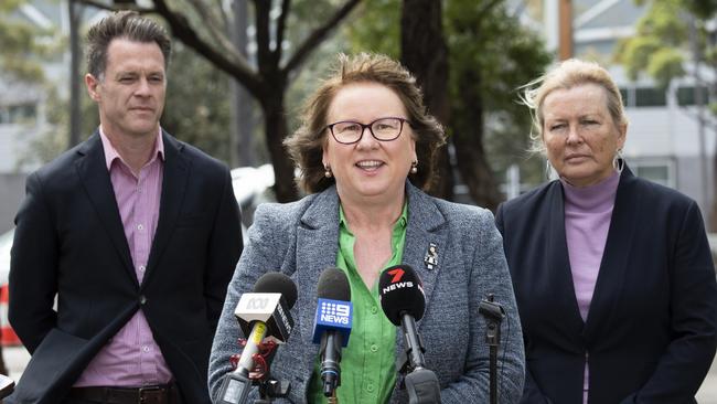 Donna Davis (centre) with Opposition Leader Chris Minns and Auburn state Labor MP Linda Voltz, enjoys a high profile as mayor and now state Parramatta candidate. Picture: Monique Harmer