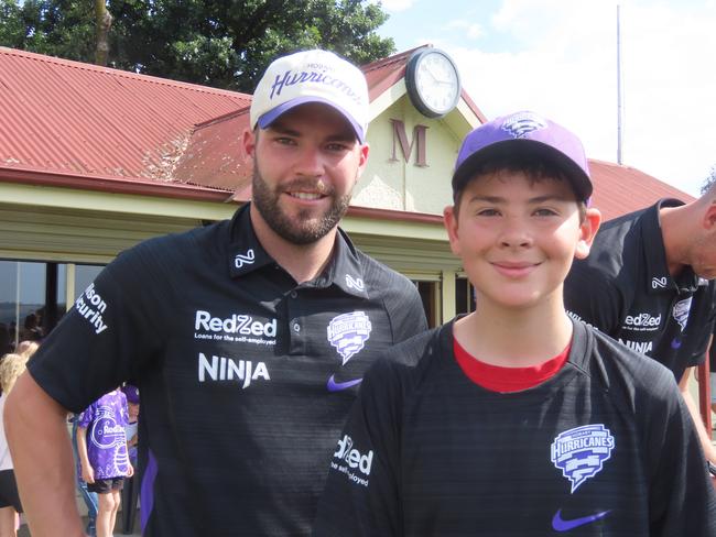 Hurricanes fan Tommy Medcraft, 11, with player Caleb Jewell at Tuesday's fan day in Launceston. Picture: Jon Tuxworth