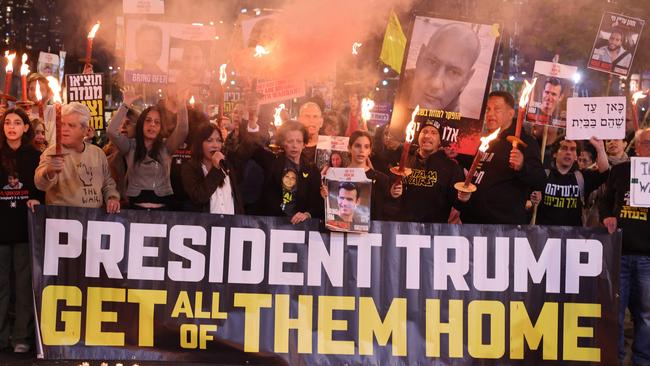 Hostages’ families and supporters gather in favour of the truce on Thursday. Picture: AFP