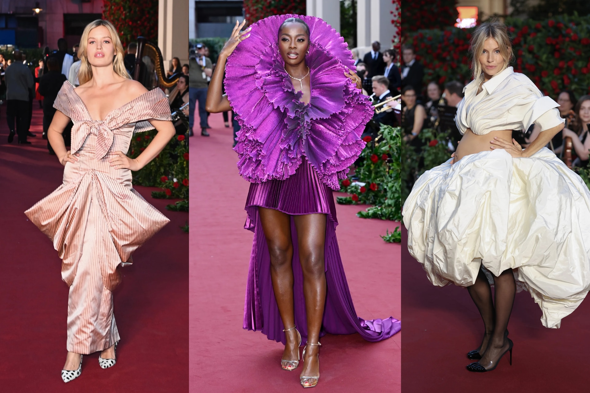 <p><i>Above (L-R): Georgia May Jagger in Vivienne Westwood, Sienna Miller in Schiaparelli, AJ Odudu in Robert Wun</i></p><h3><b>Sculptural shapes</b></h3><p>Leave it to Sienna Miller to show off her baby bump in Schiaparelli haute couture. The model and<i> la boh&egrave;me </i>queen stepped onto the red carpet in a matching set, composed of a cropped shirt and bubble skirt, magnificently distended over her pair of perspex heels. She wasn&rsquo;t the only guest to choose a sculptural silhouette for the night. Georgia May Jagger&rsquo;s Vivienne Westwood dress bore a bow at the collar and skirt, while AJ Odudu glittered in ruffled Robert Wun.</p>