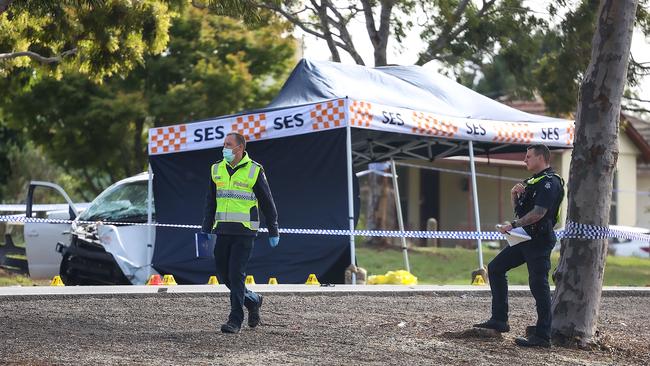 Police investigate shooting fatality on the Princes Highway in Corio which occurred around 6am. Picture : Ian Currie