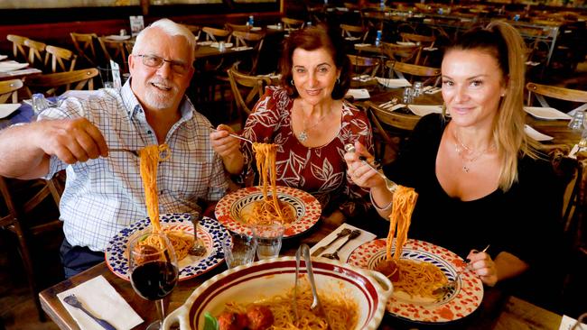 Former directors Cosimo and Rosa Criniti with former CEO and daughter Kathy Criniti at Criniti’s Parramatta on January 29. Picture: Angelo Velardo/AAP