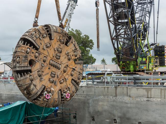 A tunnel boring machine being retrieved from the Cherrybrook construction site on Sydney Metro Northwest after a 9km journey from Bella Vista. Picture: Paul A Blunden