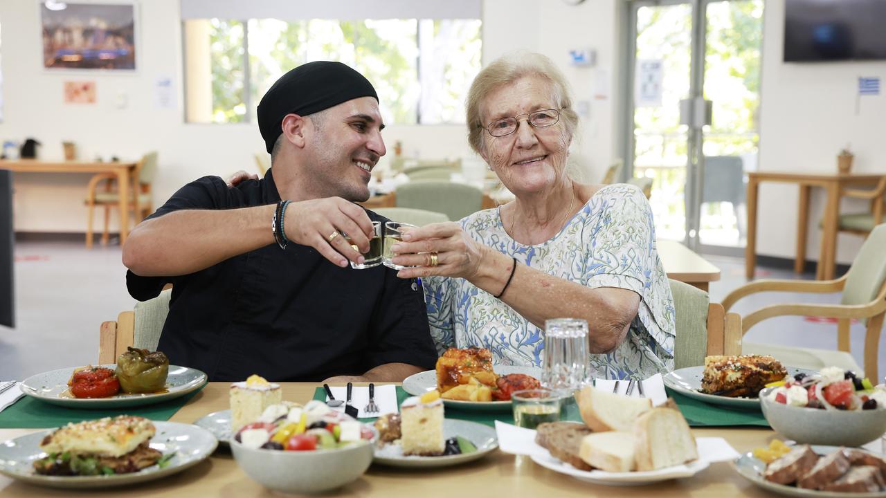 The yummy food at the Greek Community Home For The Aged in Earlwood. Chef Panayiotis Giannakopoulos with resident Adele Koutsoukos (right). Picture: Sam Ruttyn