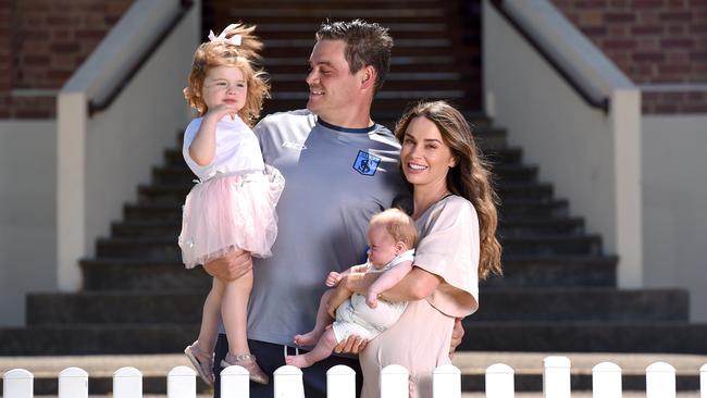 Sturt coach Nathan Grima with wife Jacinta daughter Amarli, 2, and son Spencer, 7 weeks. Picture: Naomi Jellicoe