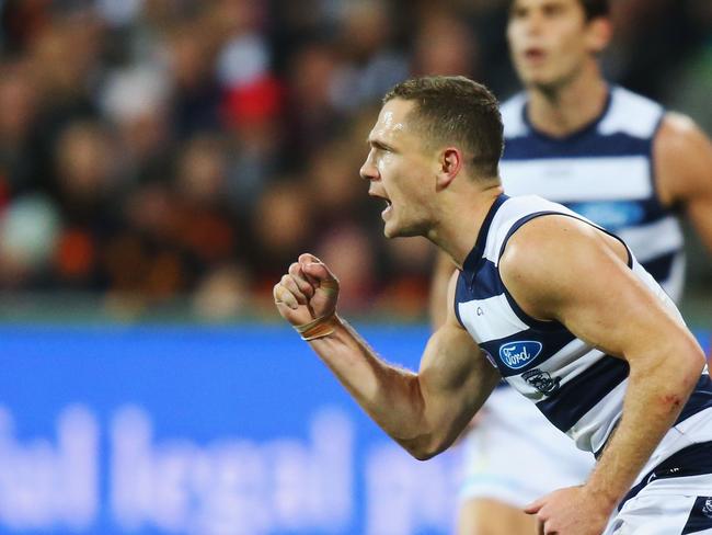 Celebrating a goal against the Adelaide Crows. Picture: Michael Dodge/Getty Images