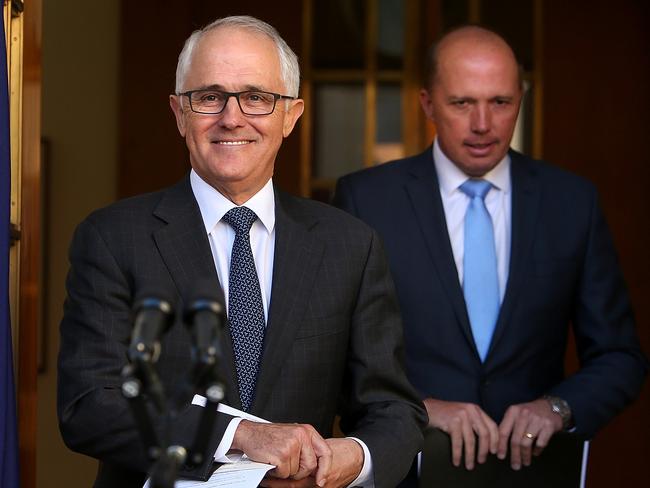 Channelling Trump... Malcolm Turnbull and Peter Dutton yesterday. Picture Kym Smith