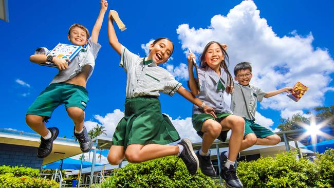 Sunnybank Hills State School Year 5 students Thomas Reid, Alanna Lo, Sana Latona and Bryan Zheng following the release of the NAPLAN results. Picture: Nigel Hallett