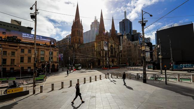 Empty city streets after stage four restrictions locked down metropolitan Melbourne. Picture: Alex Coppel.