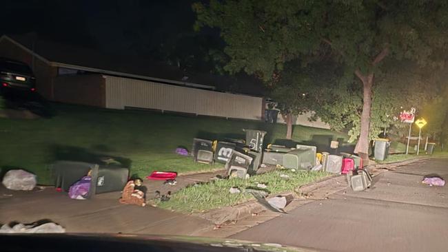 At least 80 bins were destroyed by the reckless driver over night in Sydney's southwest. Picture: James Poke