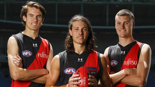 Essendon’s top-10 draftees Zach Reid, Archie Perkins and Nik Cox. Picture: AFL Media