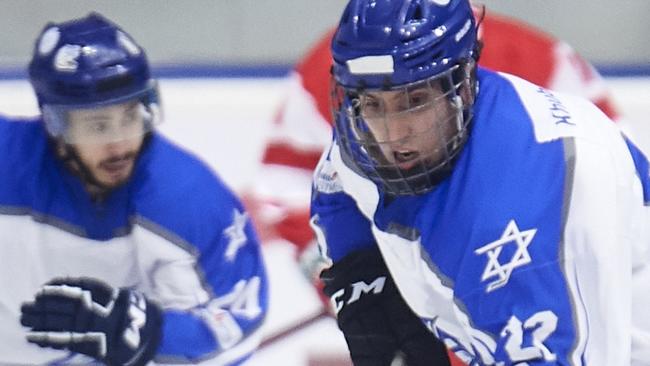 MADRID, SPAIN - APRIL 17: #22 Maxim Khubashili of Israel during the IIHF Ice Hockey World Championship In Madrid match between Israel and Georgia at Palacio de Hielo on April 17, 2023 in Madrid, Spain. (Photo by Borja B. Hojas/Getty Images)