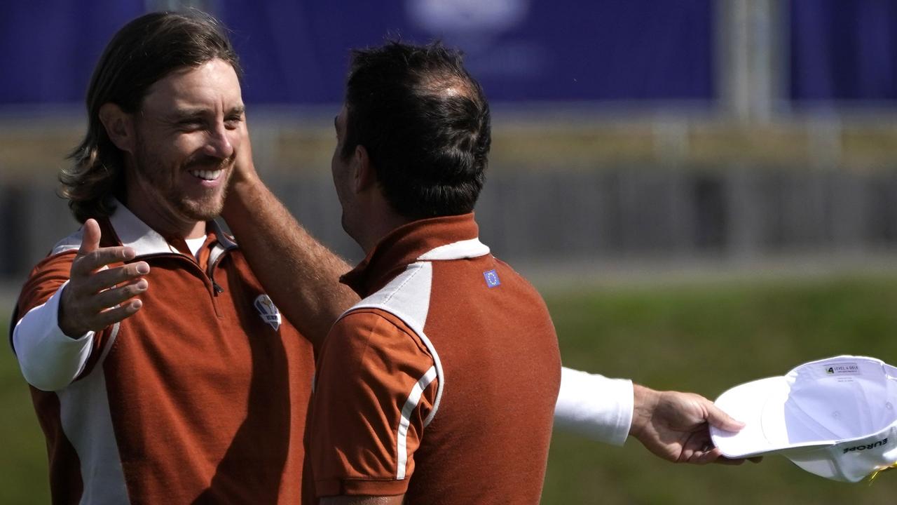 Tommy Fleetwood (left) and Francesco Molinari celebrate after winning their fourball match on the second day of the 42nd Ryder Cup at Le Golf National Course near Paris. Picture: AFP