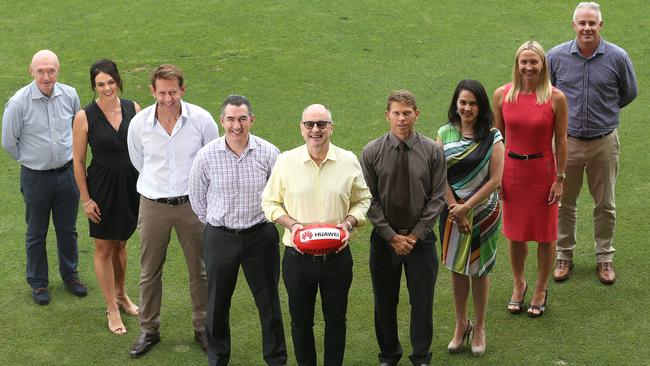 Gold Coast Suns board members (from left) Dr Alan Mackenzie, Sam Riley, Bob East, Paul Scurrah, chairman Tony Cohrane, Simon Bennett, Leschen Smaller, Brooke Hanson and Martin Rowland. Picture: Regi Varghese.