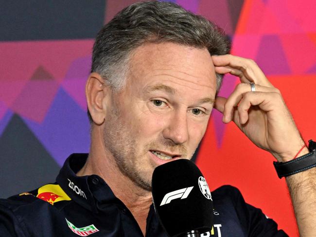 Red Bull Racing's team principal Christian Horner attends a press conference during the second day of the Formula One pre-season testing at the Bahrain International Circuit in Sakhir on February 22, 2024. (Photo by Andrej ISAKOVIC / AFP)