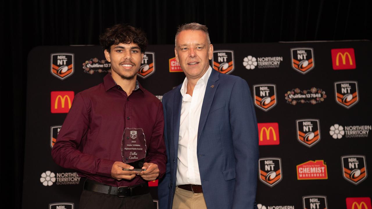 Dallas Caulton and Phillip Coleman at the 2023 NRL NT Frank Johnson / Gaynor Maggs medal night. Picture: Pema Tamang Pakhrin