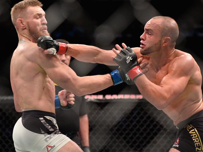 Eddie Alvarez (R), headlined the UFC’s debut at Madison Square Garden against Conor McGregor in 2016. Picture: Brandon Magnus/Zuffa LLC/Getty Images