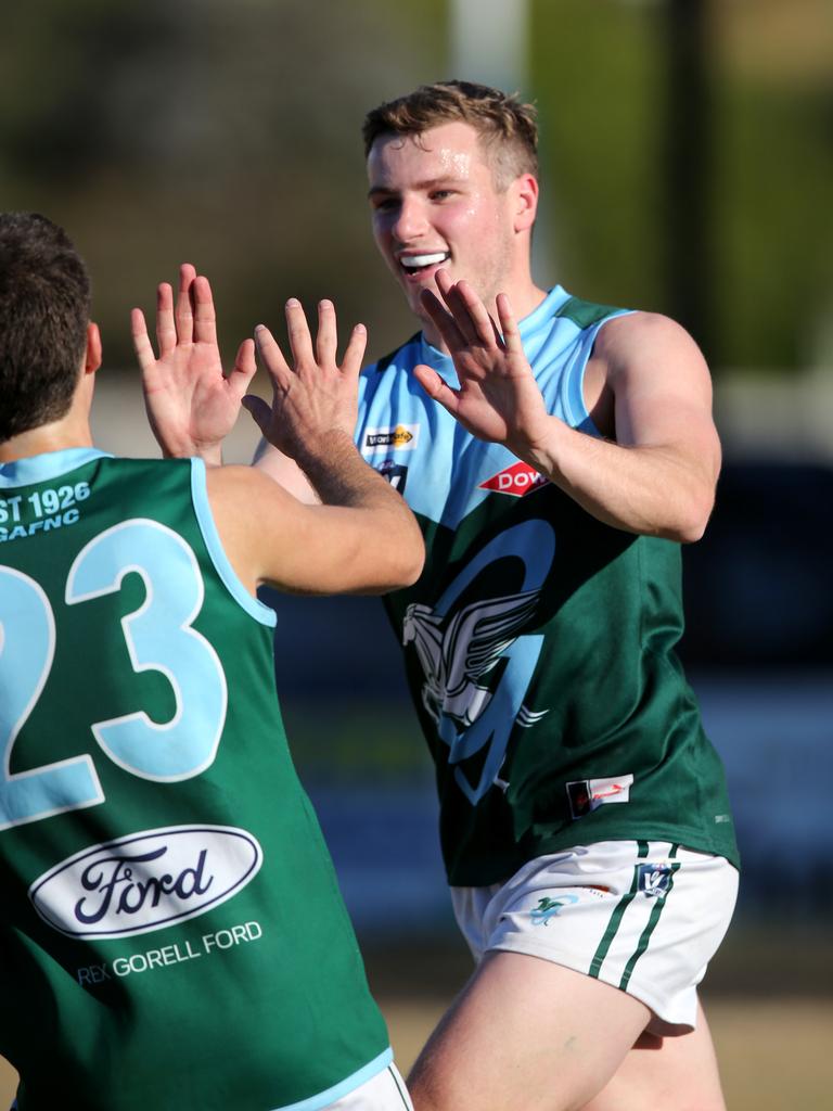 BFNL - Portarlington v Geelong Amateurs.  Ammos Harry Kershaw celebrates goal. Picture Mike Dugdale