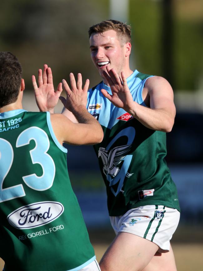 BFNL - Portarlington v Geelong Amateurs.  Ammos Harry Kershaw celebrates goal. Picture Mike Dugdale