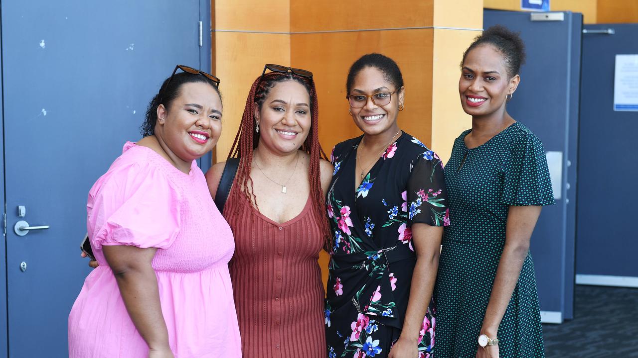 Levana Vaname, Jelintha Koyaiye, Deidrie Banrogo and Leanne Banrogo at the James Cook University 2023 Graduation. Picture: Shae Beplate.